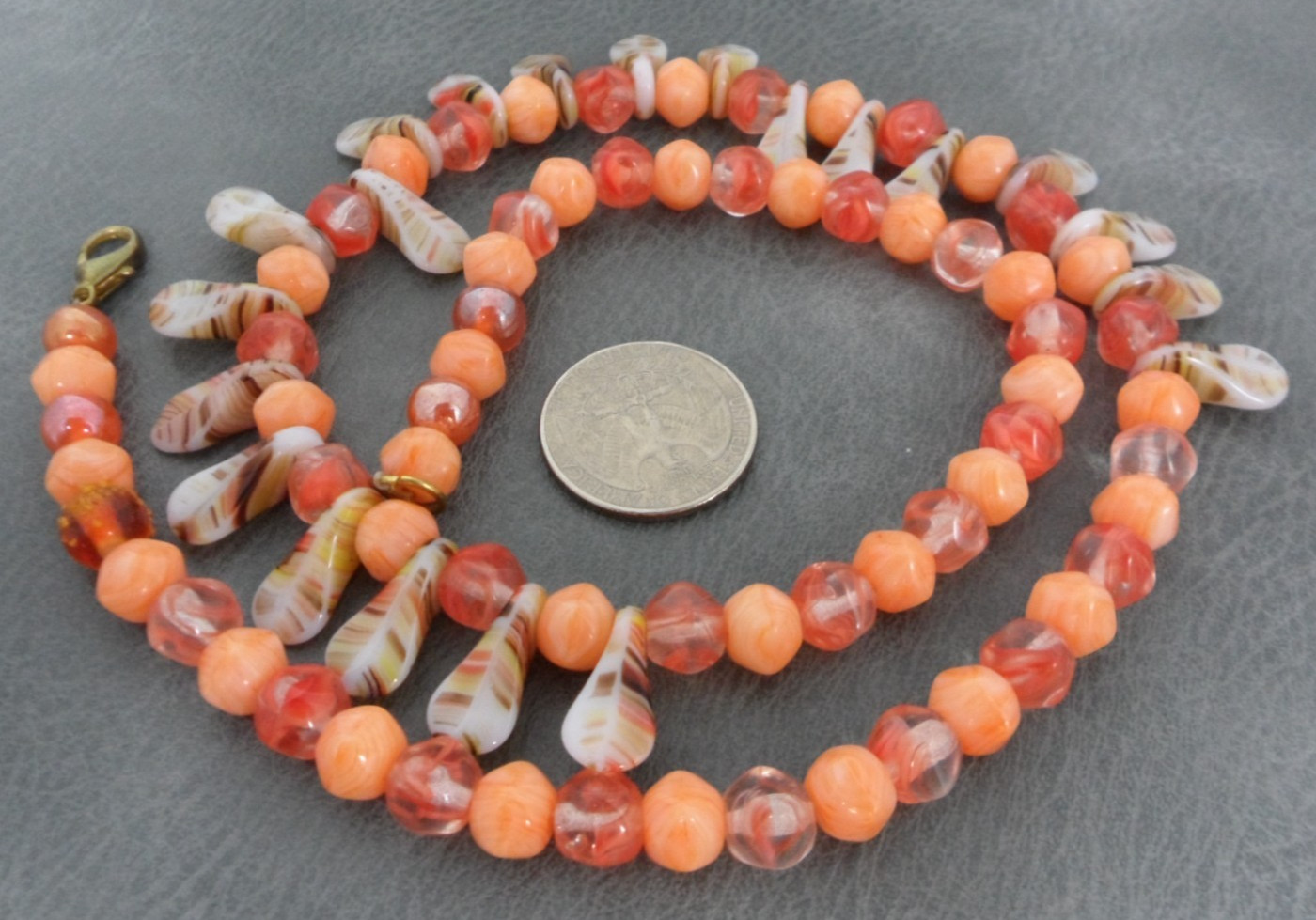 Art Glass Bead Necklace Fringe Drops Vintage Coral Orange Stripes Granny Core