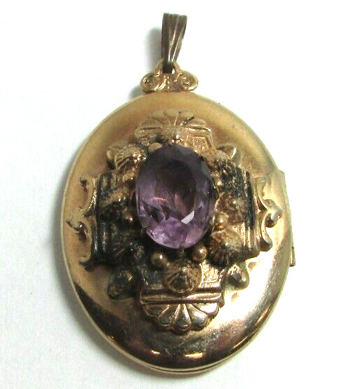 Vintage Art Deco Unmarked Gold Filled Oval Purple Stone Locket Pendant