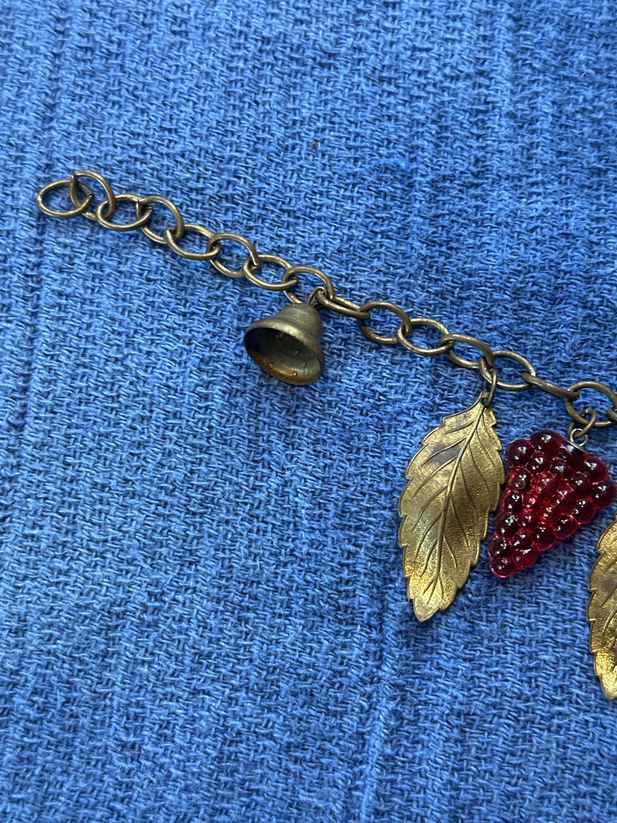 VINTAGE GLASS GRAPE CLUSTERS WITH BRASS BELLS & LEAVES BRACELET COSTUME JEWELERY