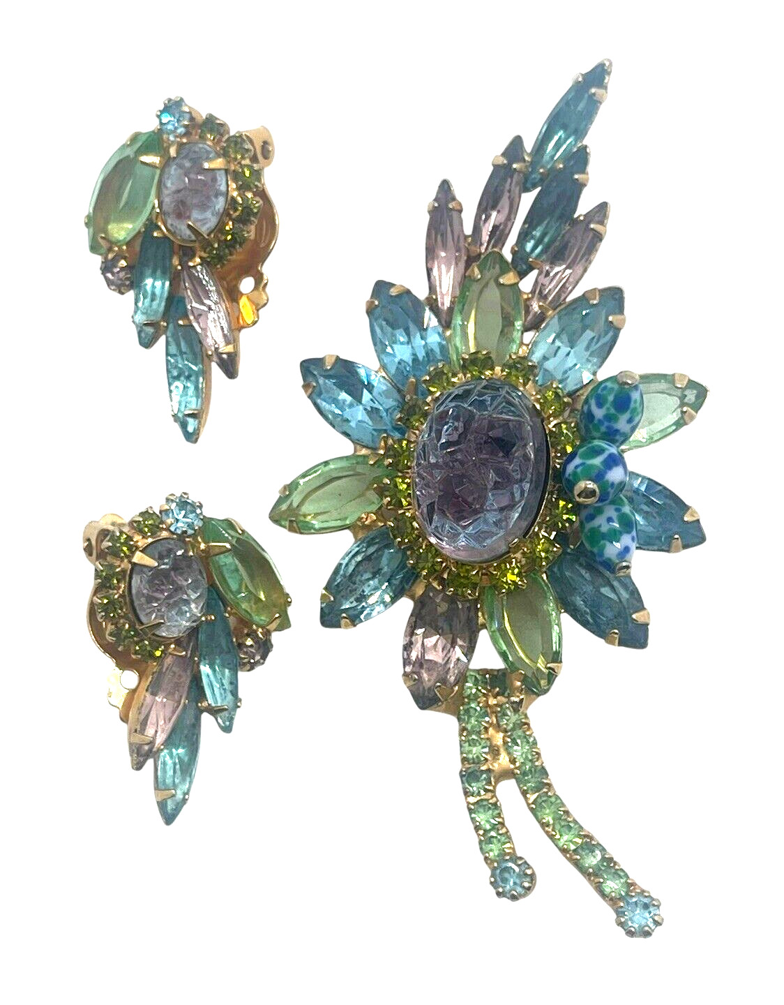 RARE Juliana Geode & Pastel Multicolored Rhinestone Pin & Earring Set, Verified