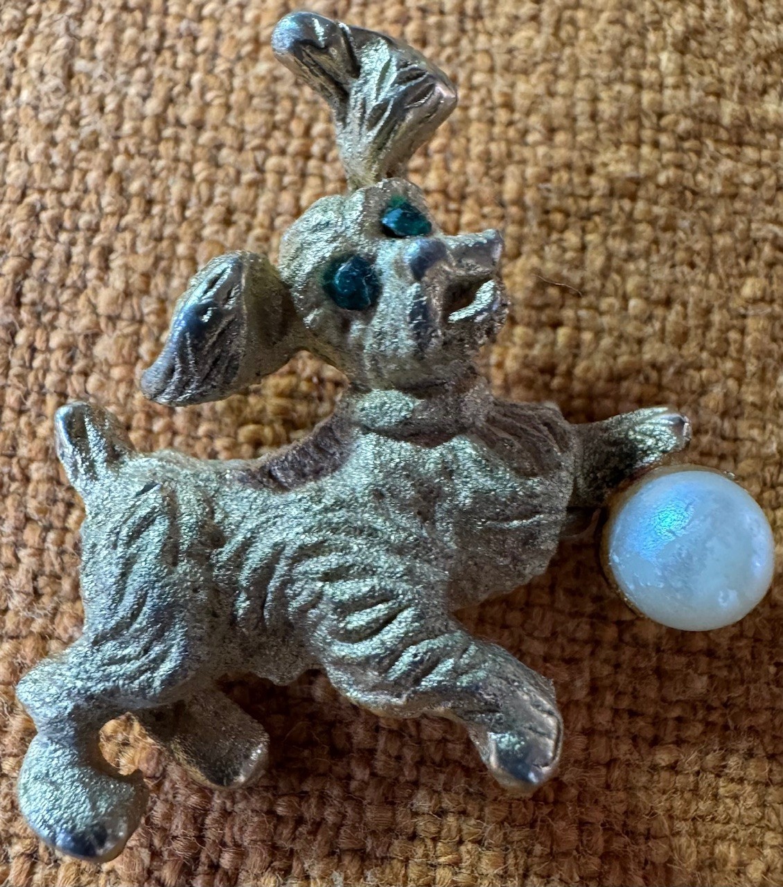 Vintage 1960s Dog-Puppy Pins (2) Gold-Tone with Pearls & Green Eyes *NOTES*