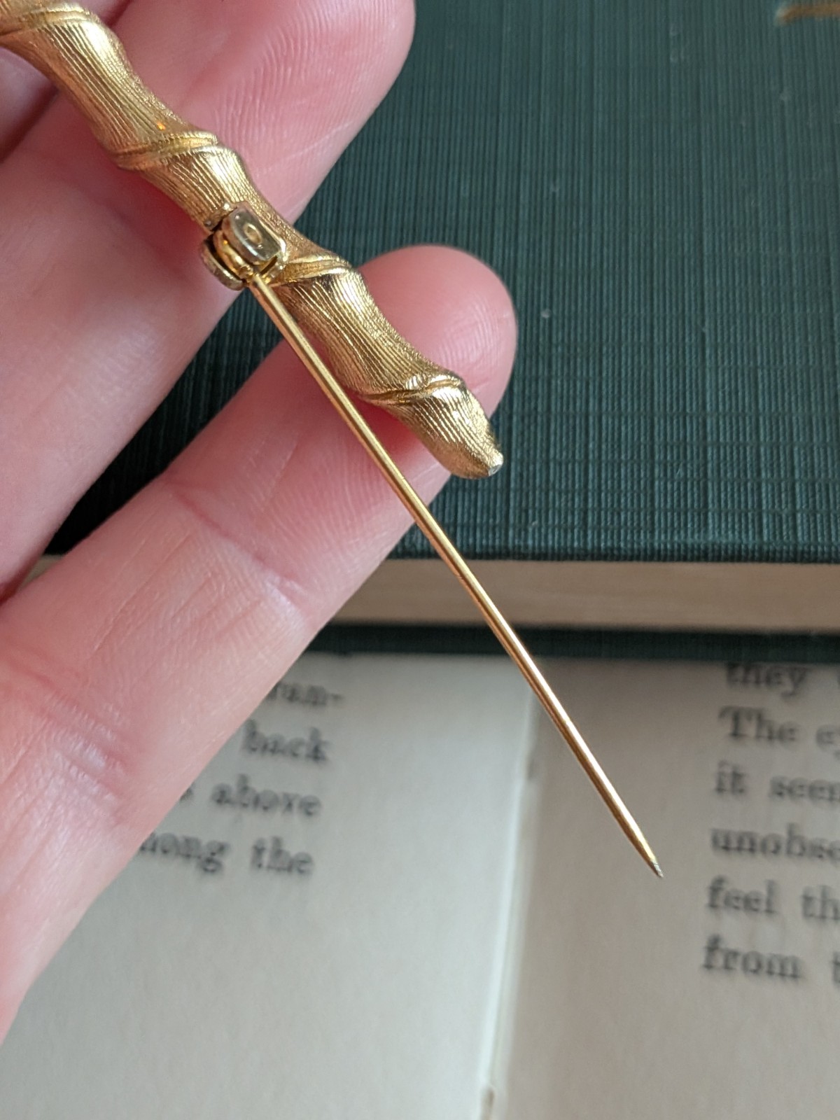 Vtg Organic Bamboo Bar Pin Gold Tone Branch Shaped Mid Cen Brooch Nature Inspire