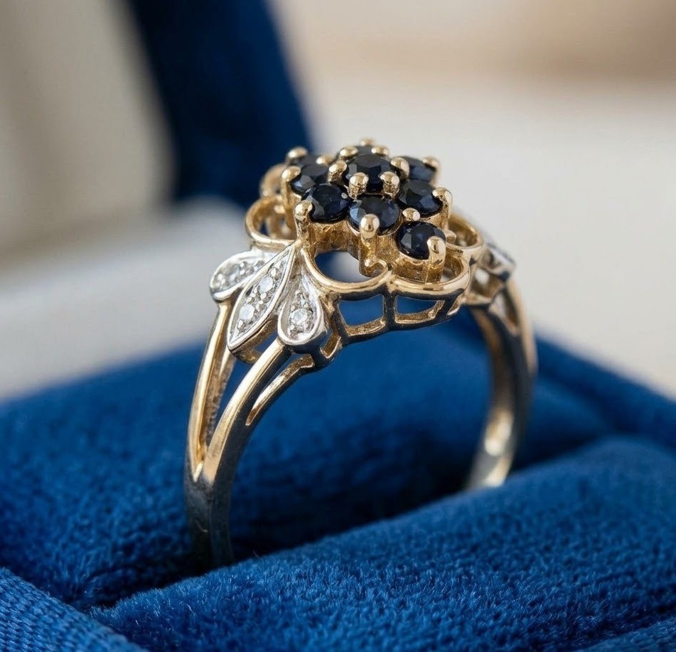 Round Cut 1CT Real Sapphire Floral Cluster Ring Vintage 14k Two-Tone Gold Finish