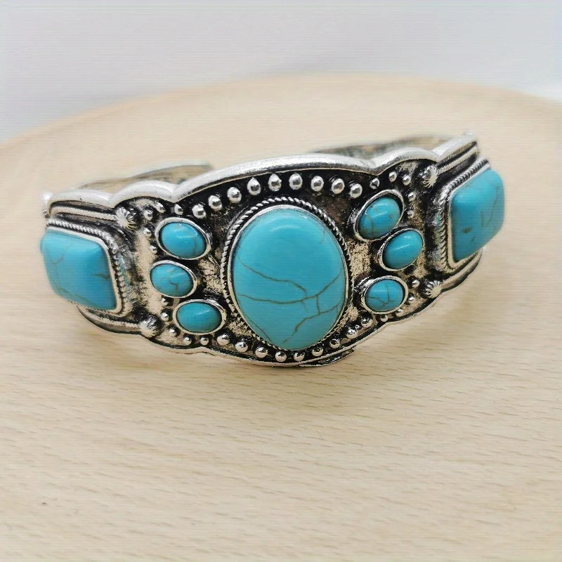 Women’s Vintage Bohemian Jewelry Cuff Bracelet with Faux Turquoise Opening