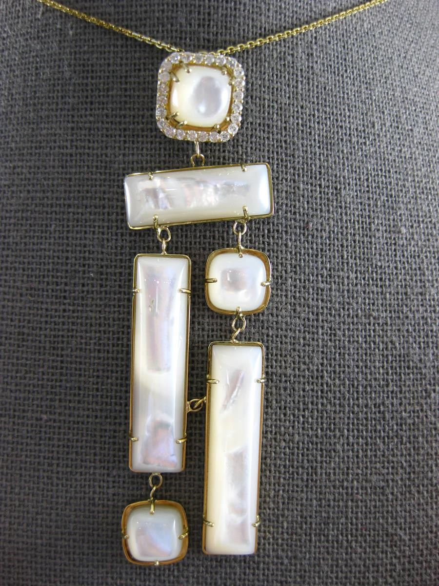0.35CT DIAMOND & AAA MOTHER OF PEARLS 14K YELLOW GOLD 3D MULTI SHAPE FUN PENDANT
