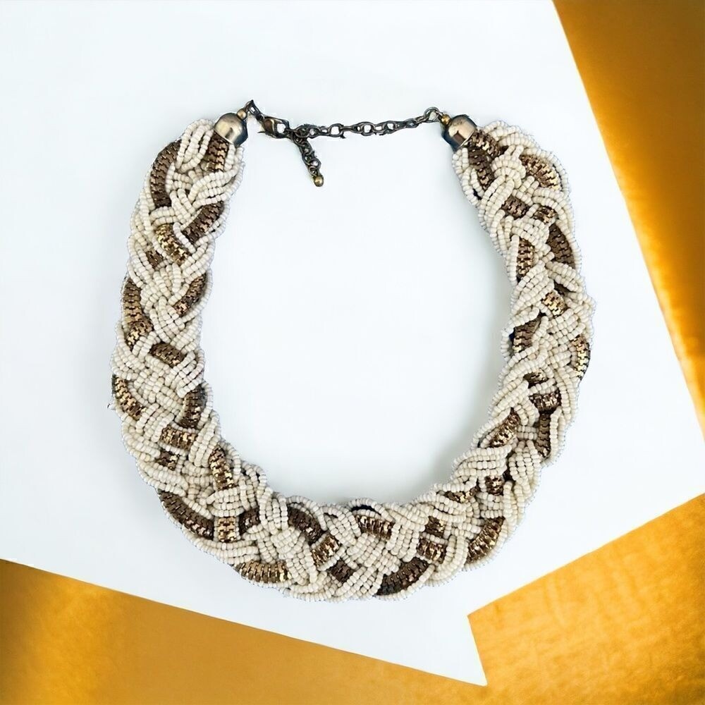 Vintage Ivory and gold beaded rope statement necklace/choker