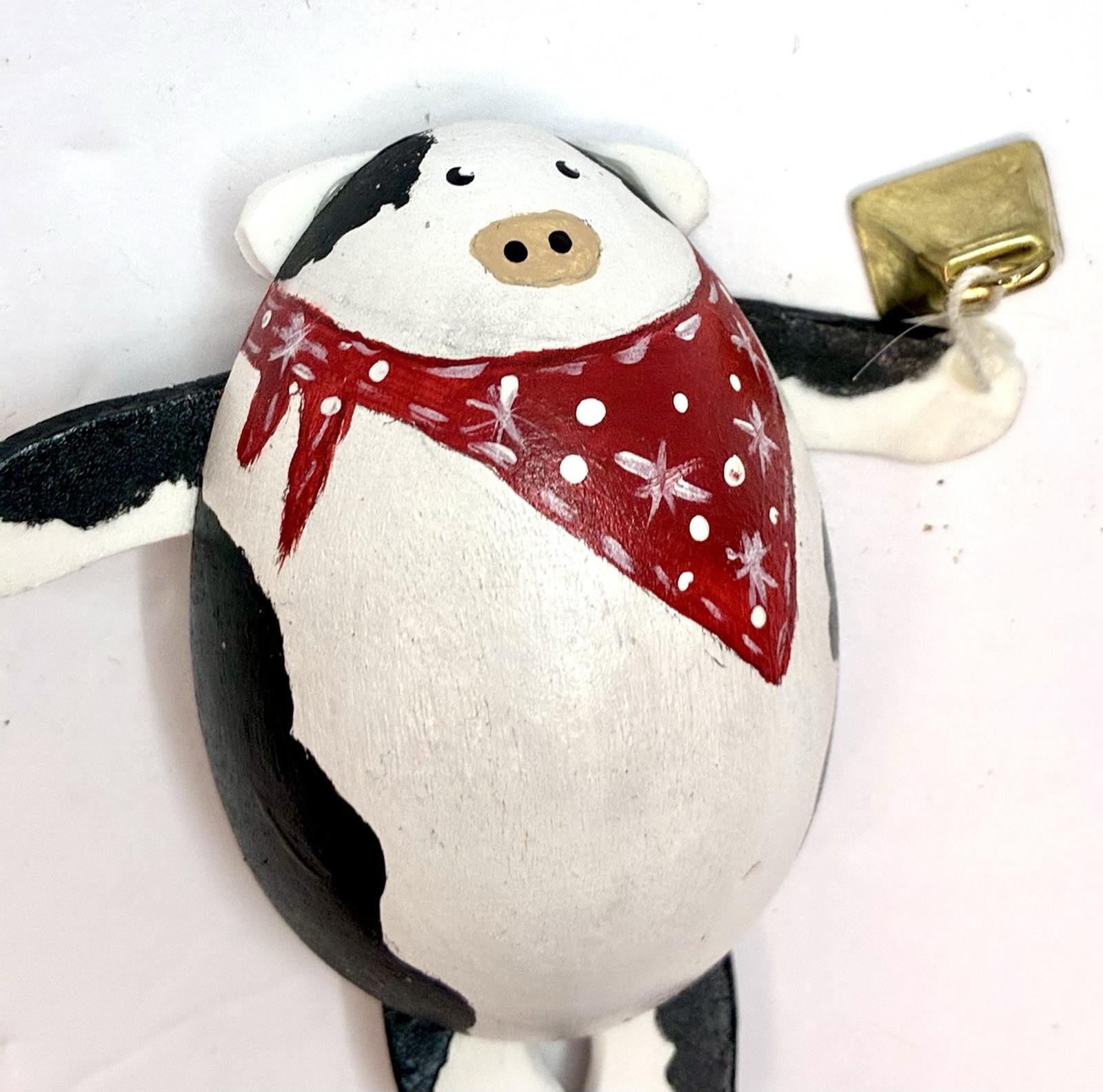 Cow Brooch Wooden Pin With Bell Handmade Hand Painted Wood Vtg 90’s