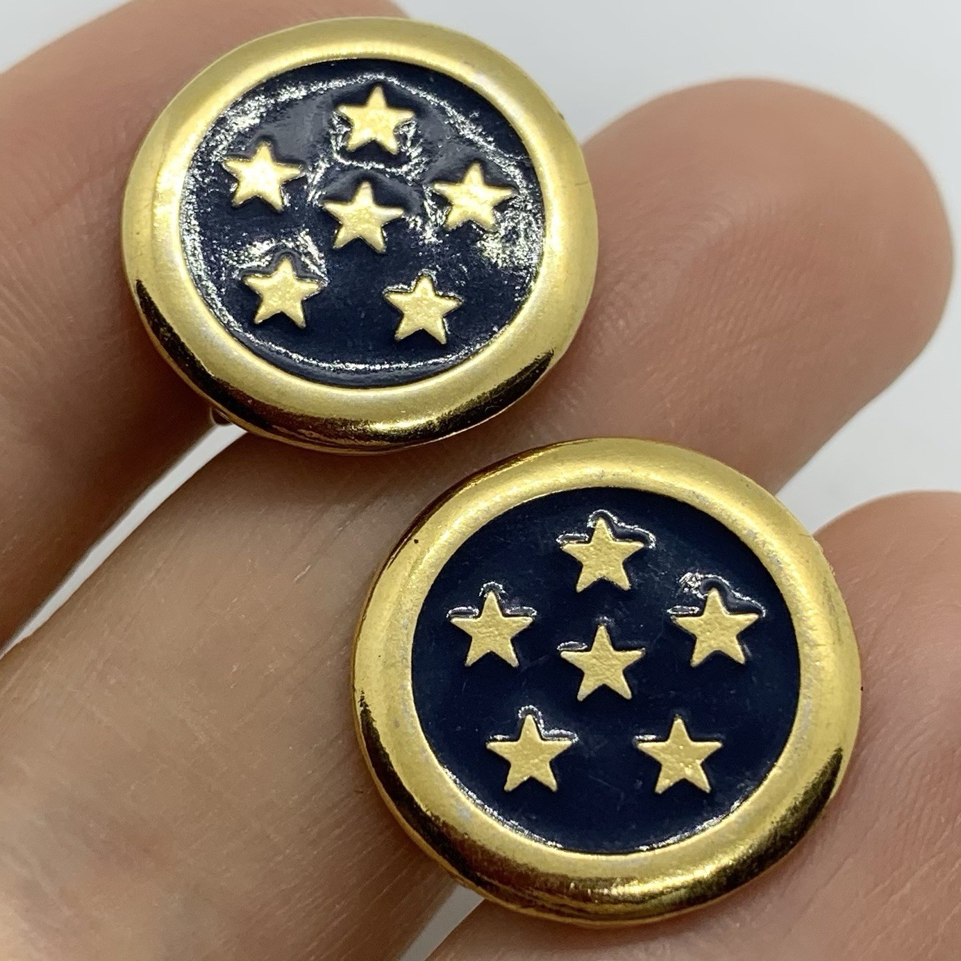 VTG Revere Signed Gold Star Blue Enamel Button Earrings Clip-on