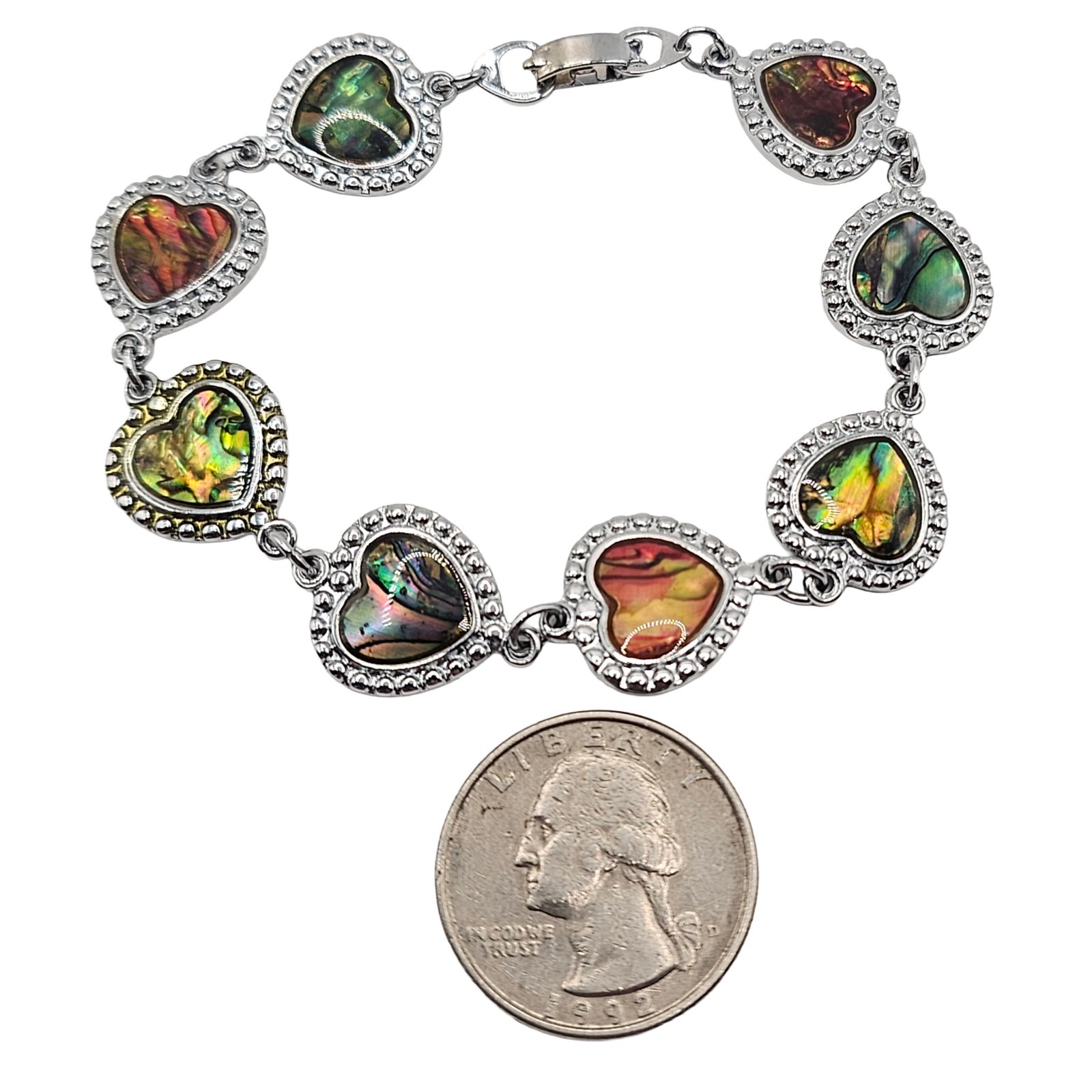 Vintage Abalone Paua Shell Heart Link Bracelet Silver Tone Iridescent Boho MOP