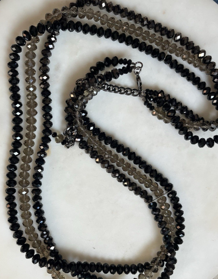 Faceted Beaded Statement Necklace Multi Strand Black Bronze Beige 40″