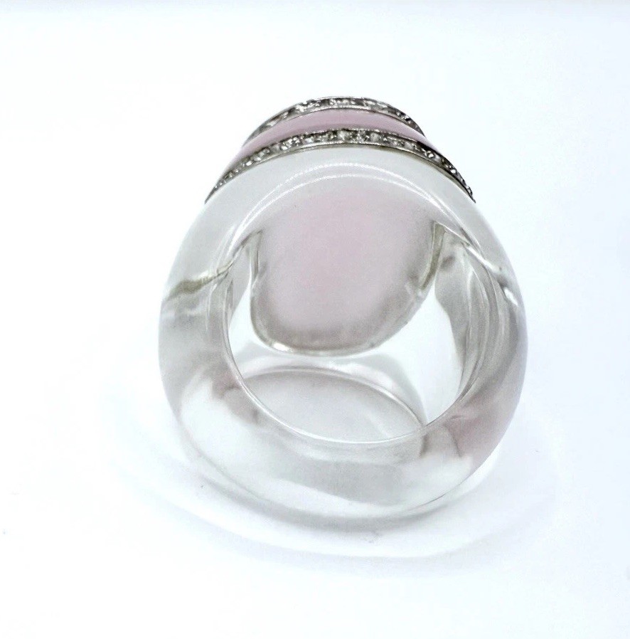 Enormous Rose Quartz White Sapphire Glass Statement Ring Sz 8 Vintage Jewelry