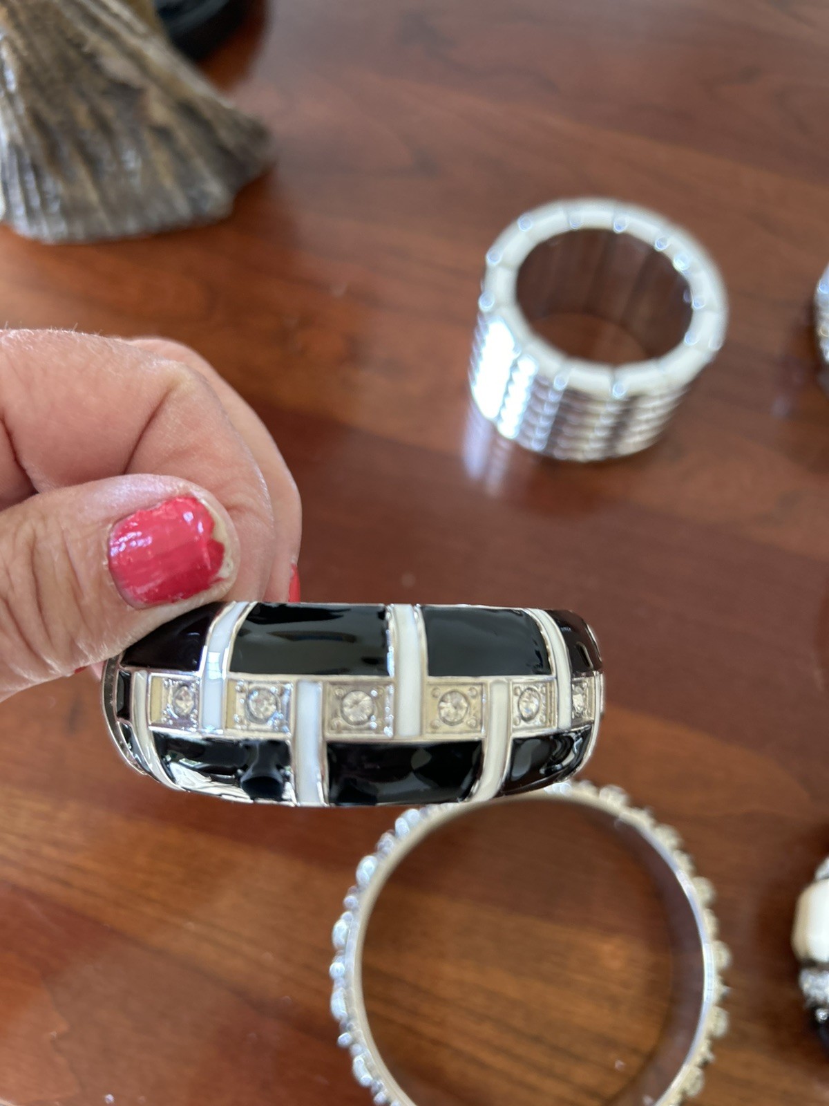 Vintage Metal Black And White Inlayed Enamel Bangles LOT OF 6 BANGLES