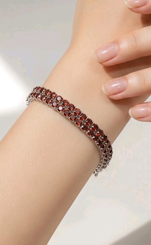 925 Sterling Silver Garnet Tennis Bracelet Double Row Round Red Stones 7 Inch