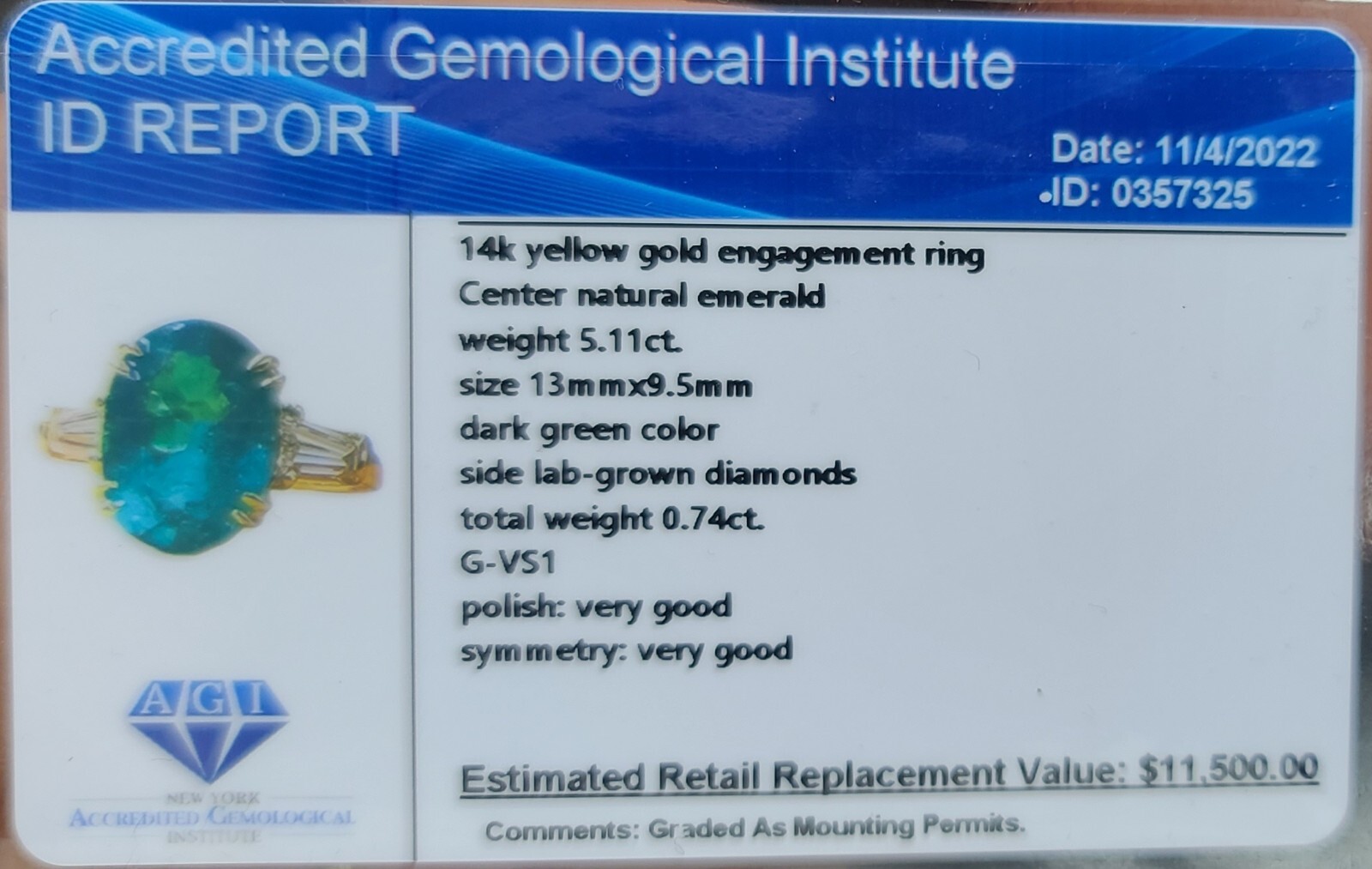 14K Yellow Gold Engagement Ring 5.11CT.Natural Green Emerald Oval Shape GIA Cert