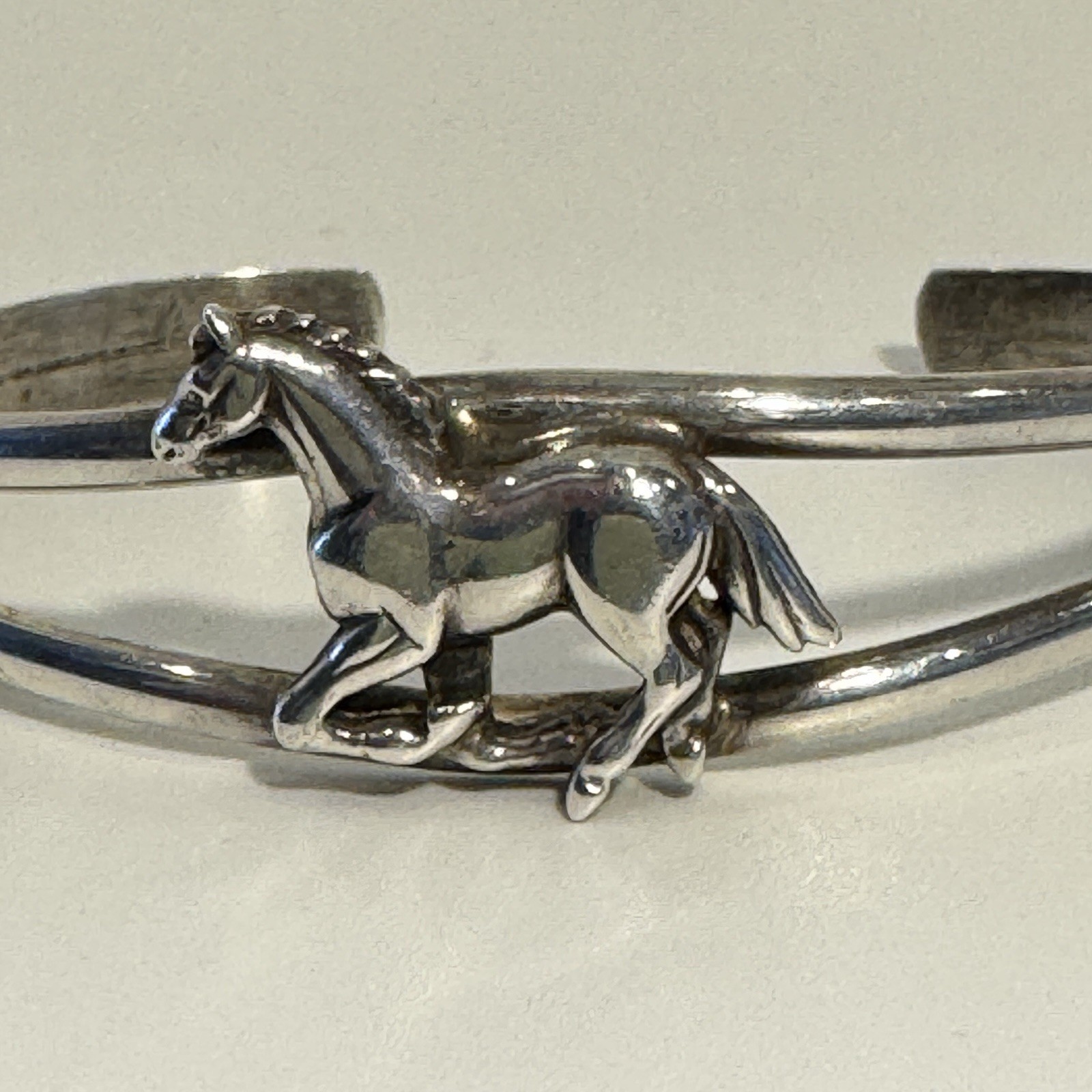 Vintage Signed Sterling Silver Double Cuff With Running Horse Bracelet