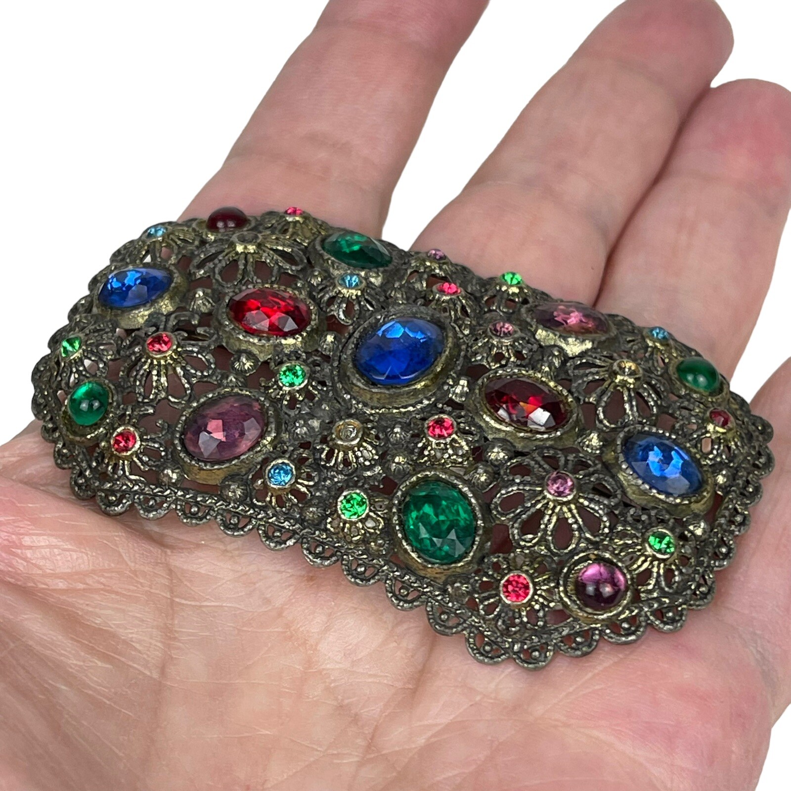 Estate Brooch New England Glass Works Vibrant Colors Faceted Stones Vtg 3” Pin