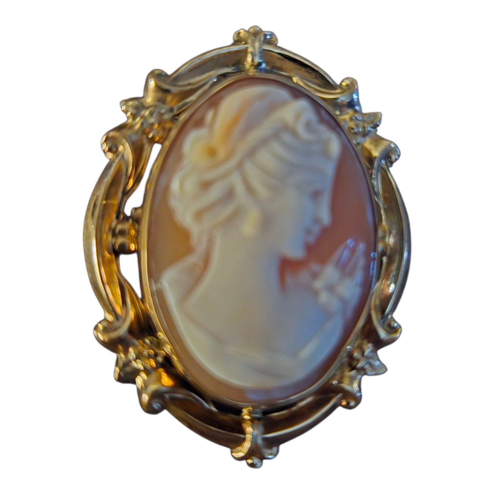 Vintage Curtis Creations Cameo Lady Brooch Pendant Peach Ivory 12K Gold Filled