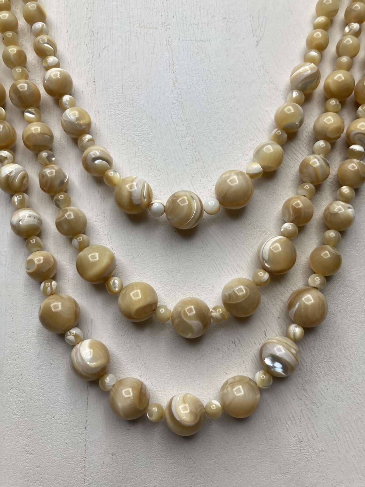 Mother of Pearl Necklace 3 Strand VTG Hand Knotted No Clasp 28.5in 97g 2” Drop