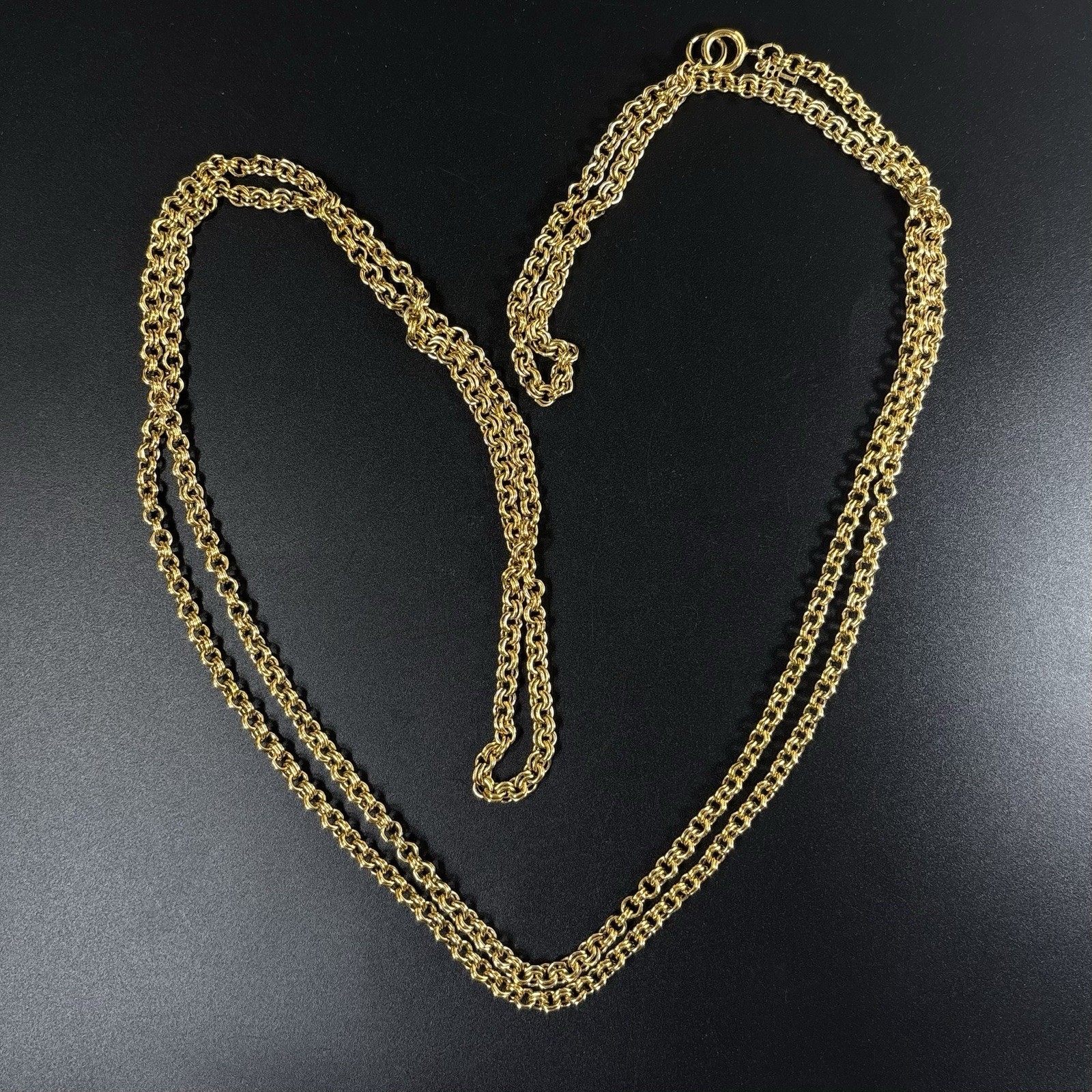 Vintage Crown Trifari Double Round Link Gold Tone Long Chain 54″ Hang Tag Logo