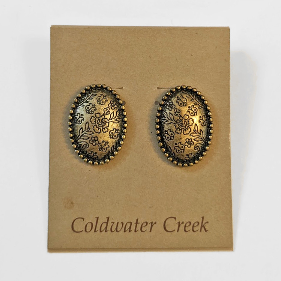 Coldwater Creek Oval Stud Earrings | NWT $25.50 | Embossed Floral Antique Brass