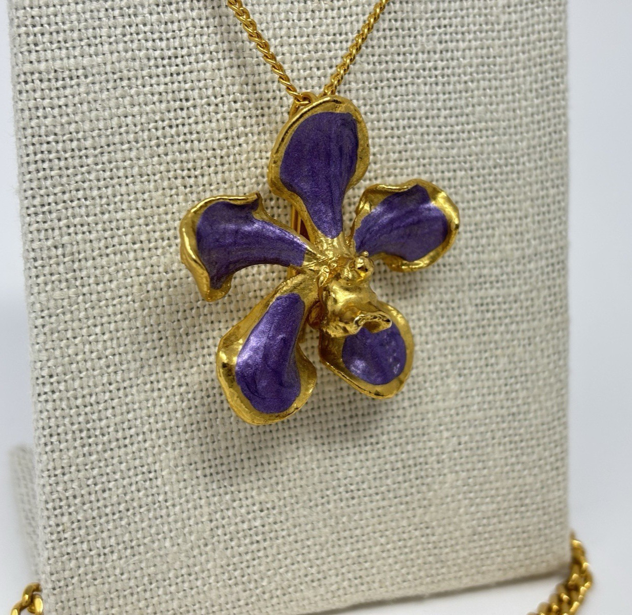 Purple Enamel Orchid Jewelry Necklace Set Pendant Bracelet Earring Pin Vintage