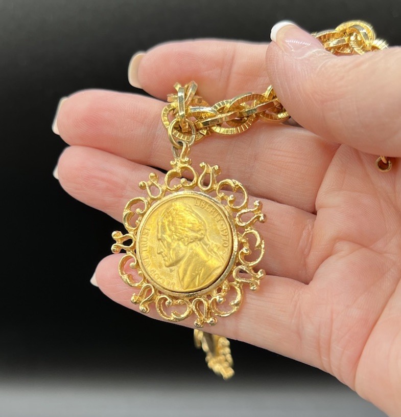 Vintage Gold Tone Double Link Charm Bracelet, 3 Genuine Coin Charms, 7”