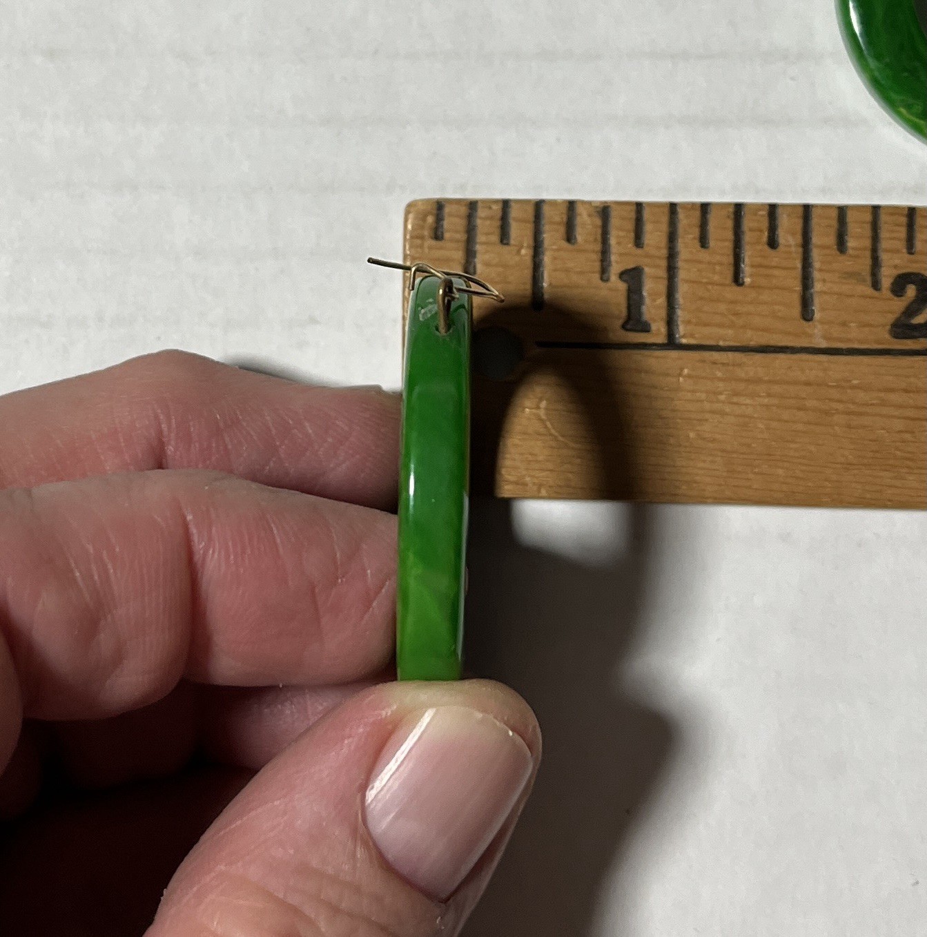 Vintage Green Bakelite Pierced Hoop Dangle Drop Earrings Marbled