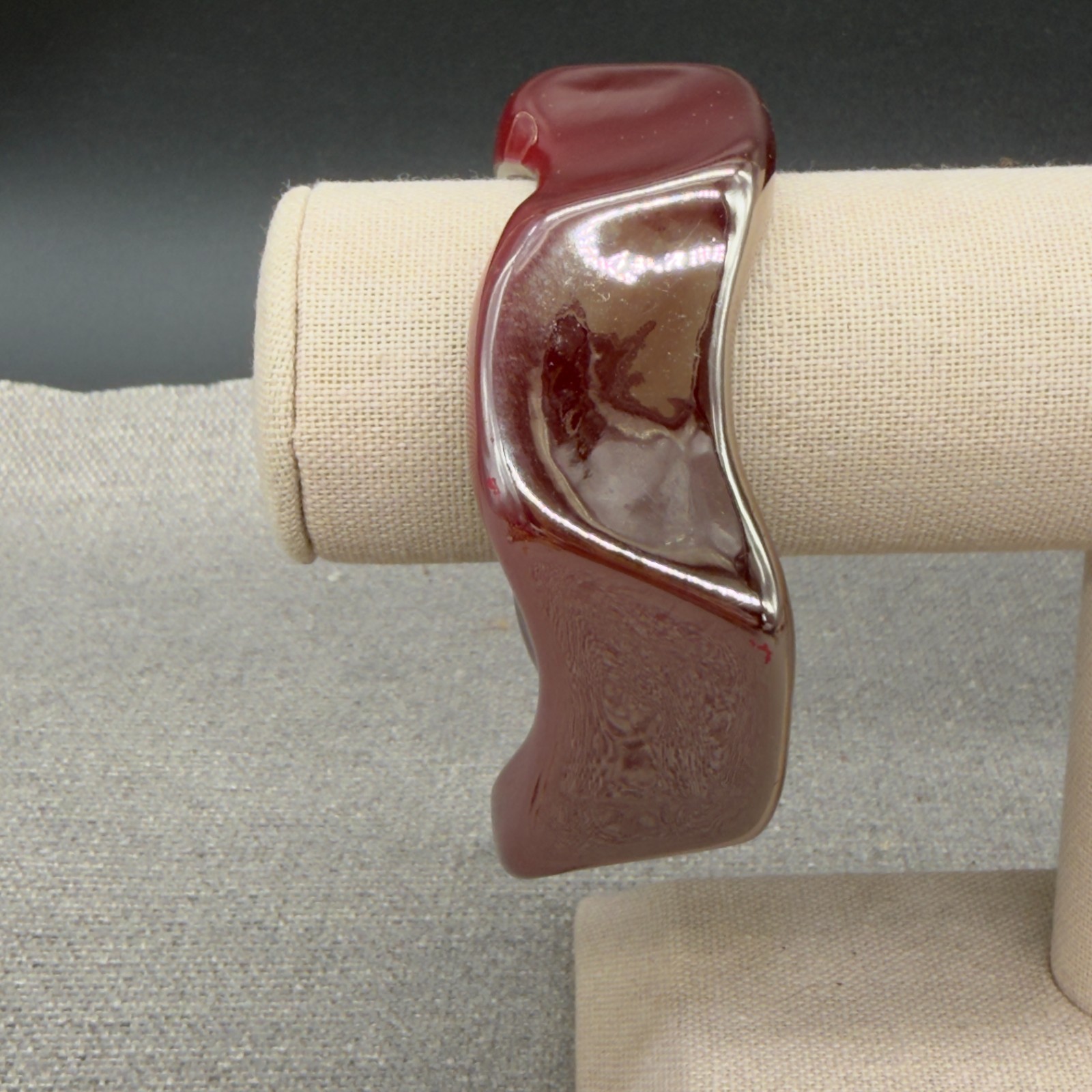 Vintage Acrylic Bracelet Iridescent Red Curved Bangle Size 7.5 Inches Mod Funky