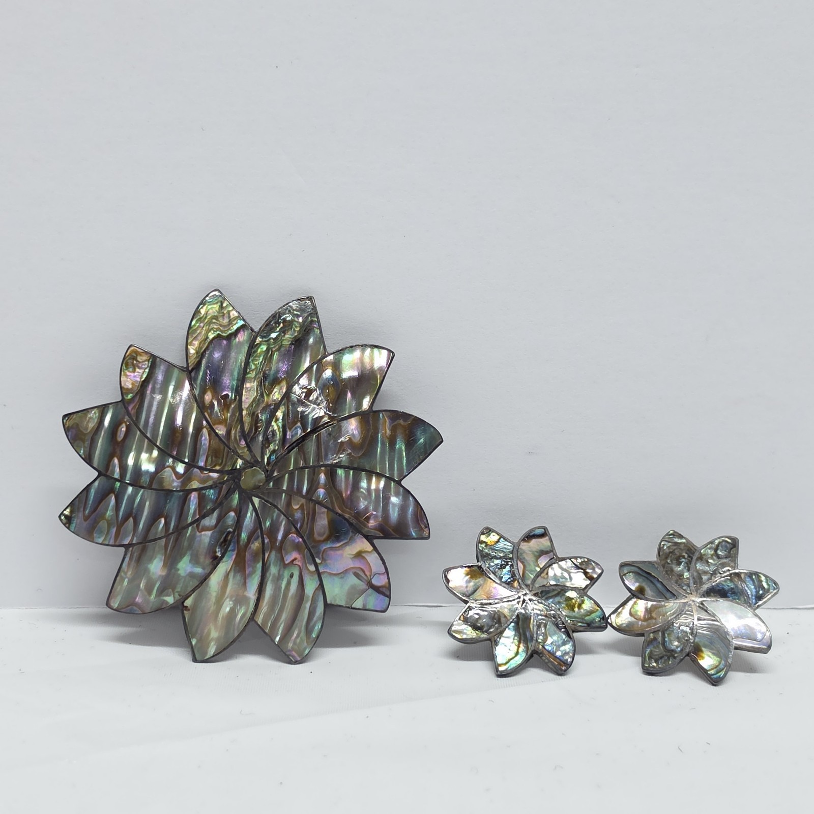 Vintage Taxco Sterling Silver Abalone Pinwheel Pendant / Brooch And Earrings Set