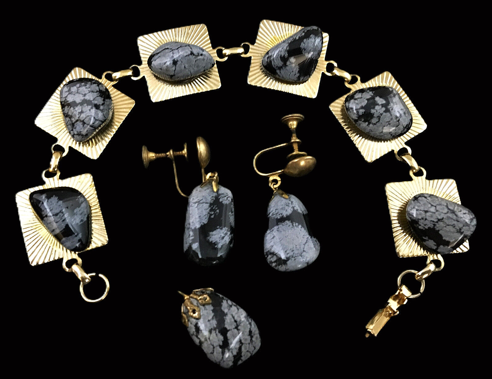 VTG 3 Piece Set GoldTone Polished Stone Bracelet Earrings Pendant Obsidian
