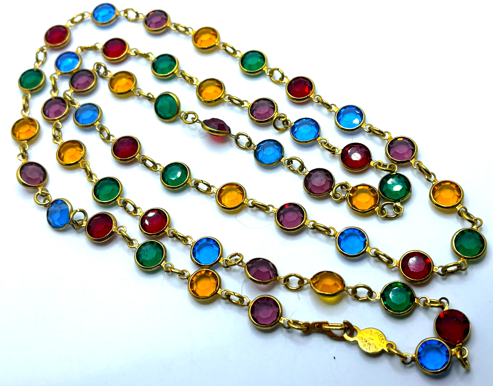 Vintage 1980s MULTICOLOR Faceted Bezel Set AUSTRIAN CRYSTAL 36″ NECKLACE