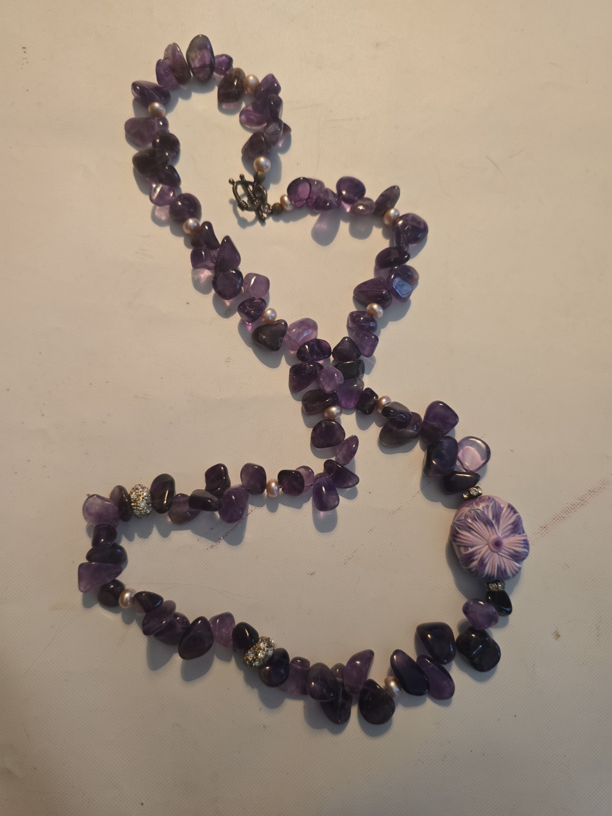 Vintage Amethyst Necklace Dark Purple Tumbled Polished Chips Pearl Rhinestone