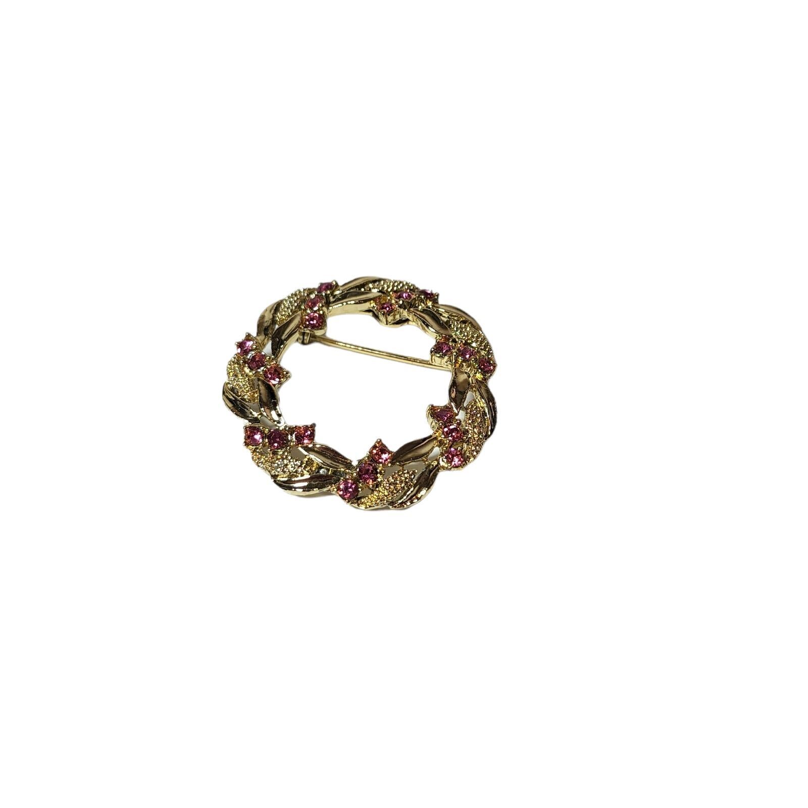 Vintage Signed Garry’s Brooch Gold Tone Pink Rhinestones Wreath Circle Floral