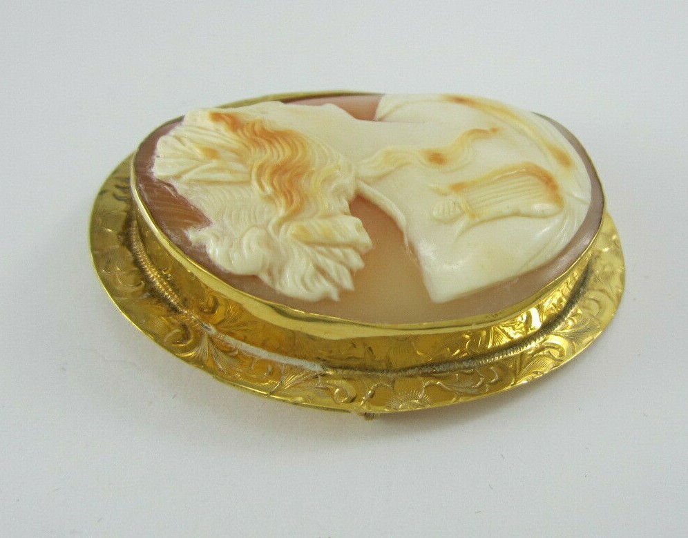BEAUTIFUL LADIES 10K YELLOW GOLD LARGE ORANGE CREAM CAMEO BROOCH/PIN 15.3G