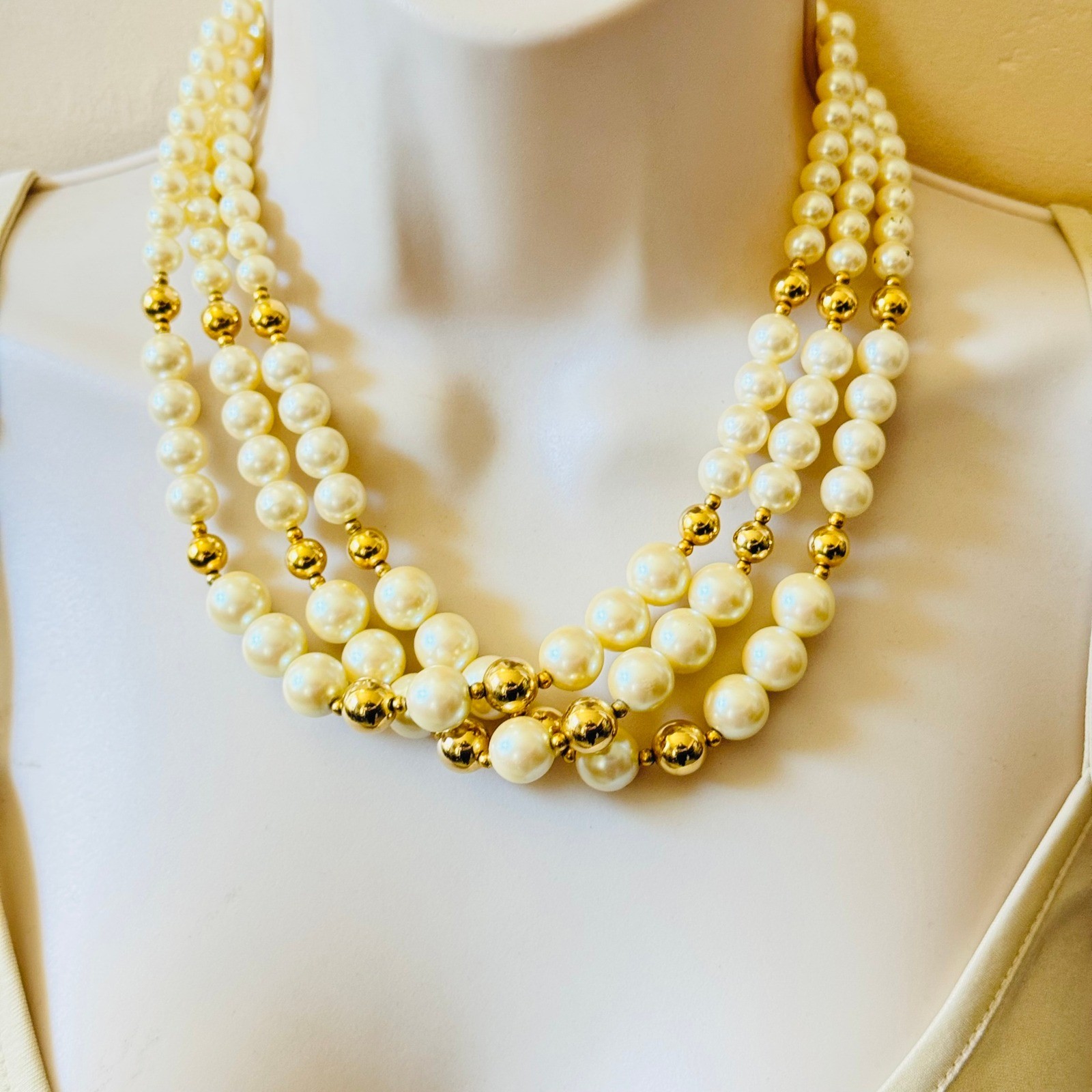 Gay Boyer Necklace VTG Pearl Multi Bib Beaded Triple Strand Glam Elegant 80s 18″