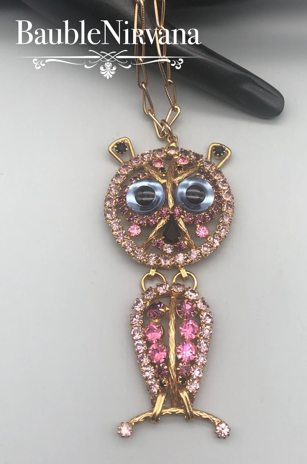 Vintage Large Dangling Owl Pendant Purple Pink Google Glass Eyes