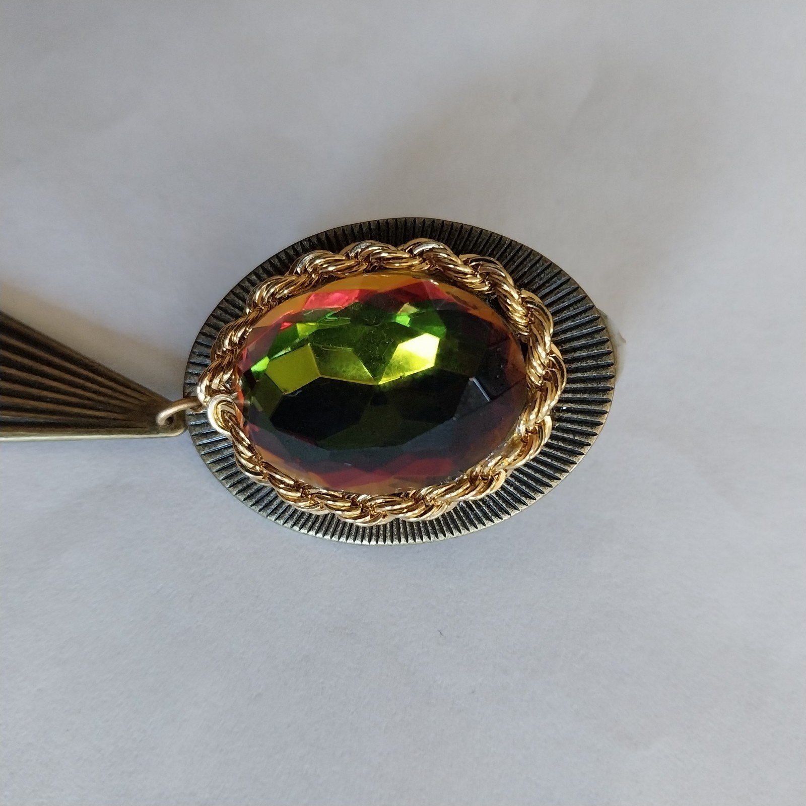 Vtg Bronze Tone Clip On Earrings Chain Multicolor Cabochon Fan Design Tassel 3″