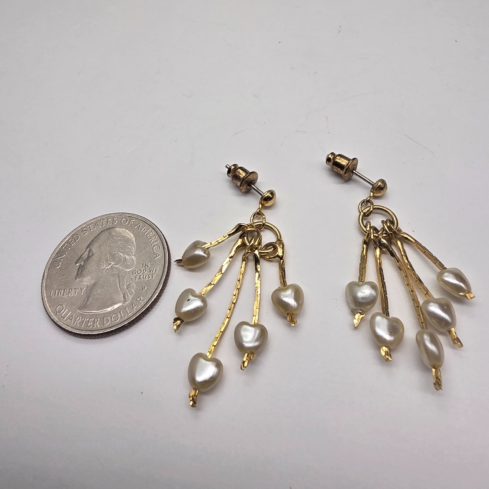 Off White Faux Pearl Heart Bead Chain Dangle Pierced Earrings Vintage