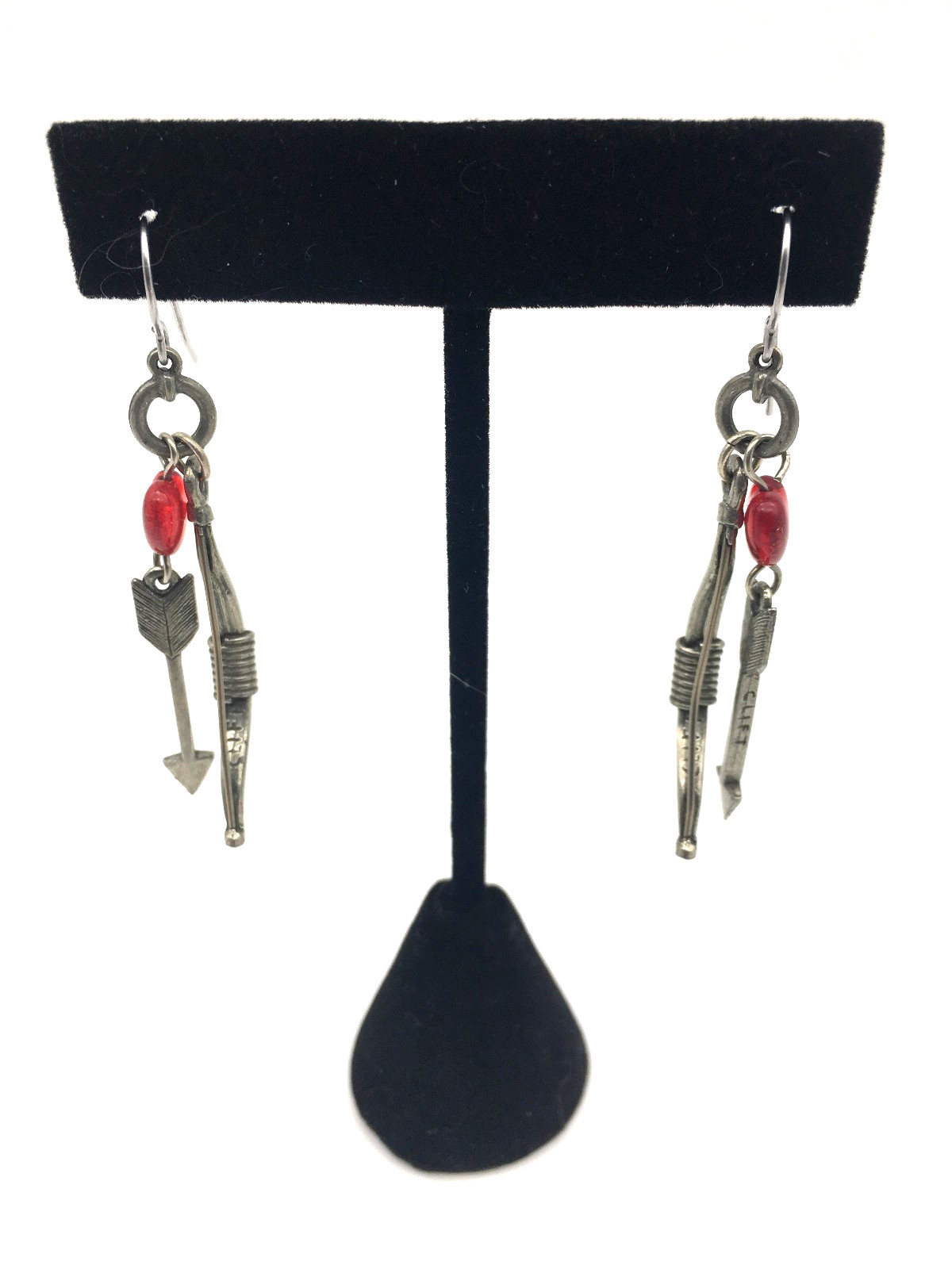 CLIFT Signed Pewter Bow & Arrow Red Lucite Heart Dangling Fish Hook Earrings