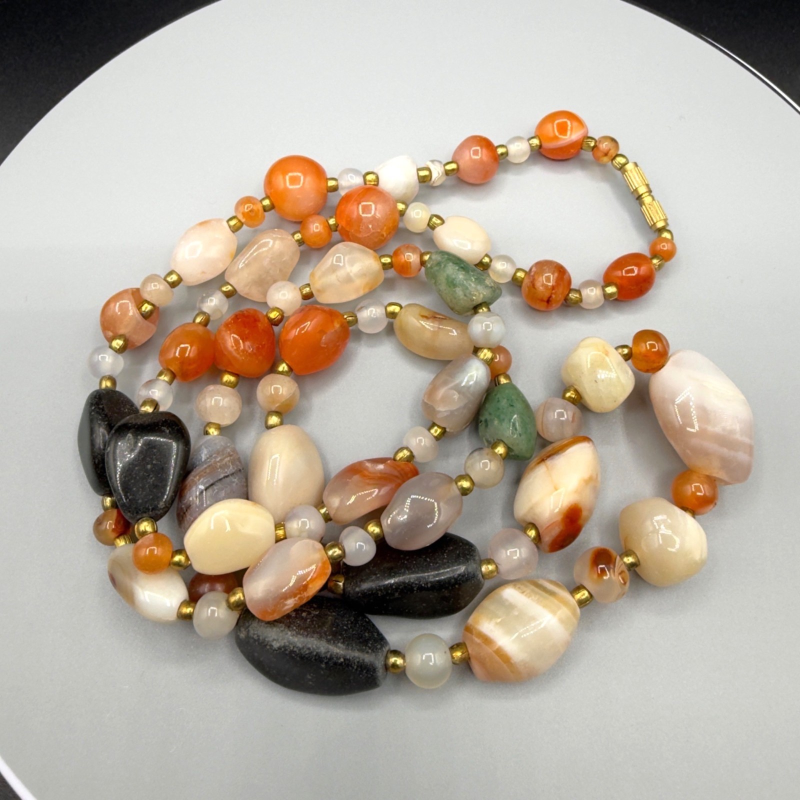 Vintage Beggars Bead Necklace Polished Stone Fall Colors Opera Length 32″
