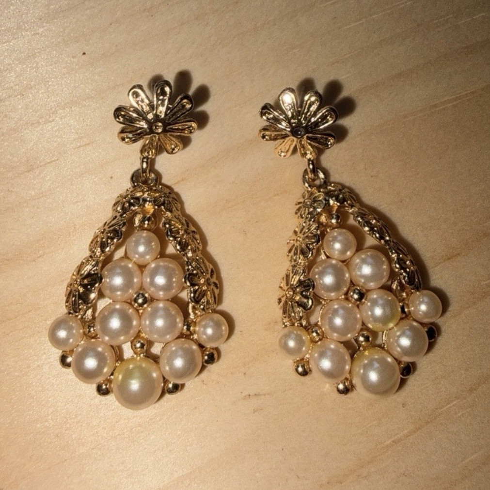 Vintage Faux Pearl Chandelier Dangle Earrings Gold Tone with Floral Post