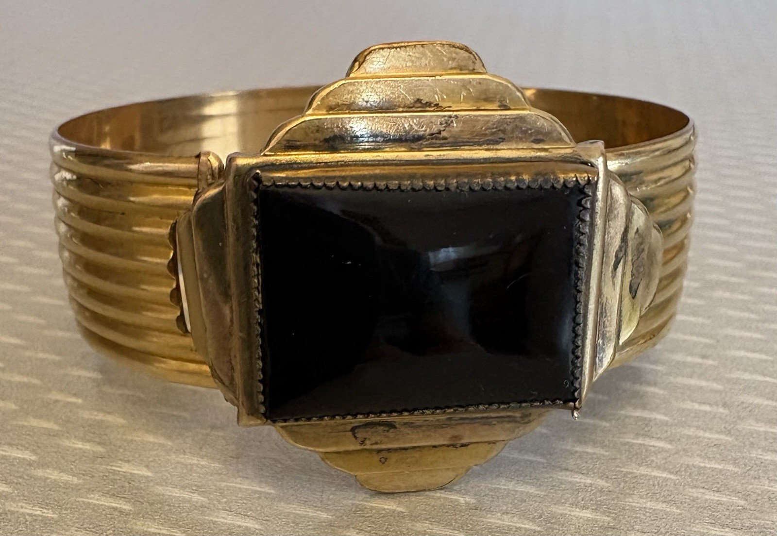 Art Deco Signed MARSH Gold Plate Bangle Snap Open Hidden Secret Locket Bracelet