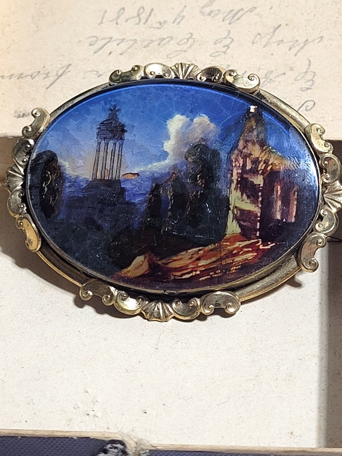 Antique Lane’s Royal Pearl Glass Landscape Brooch Gifted May 1881 Original Box