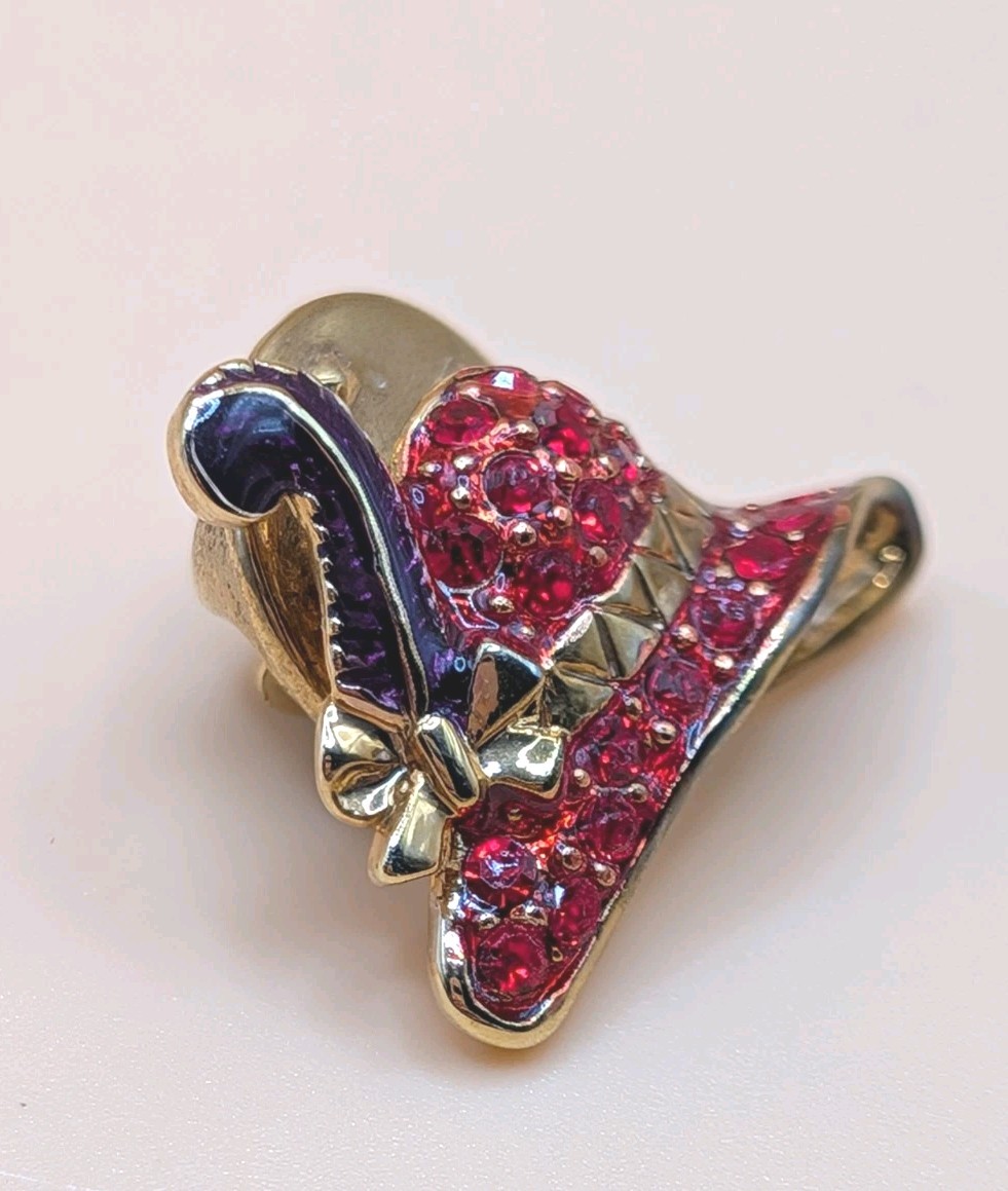 Vintage Red Hat Society Purple Enamel Red Rhinestone Accents Brooch Lapel Pin