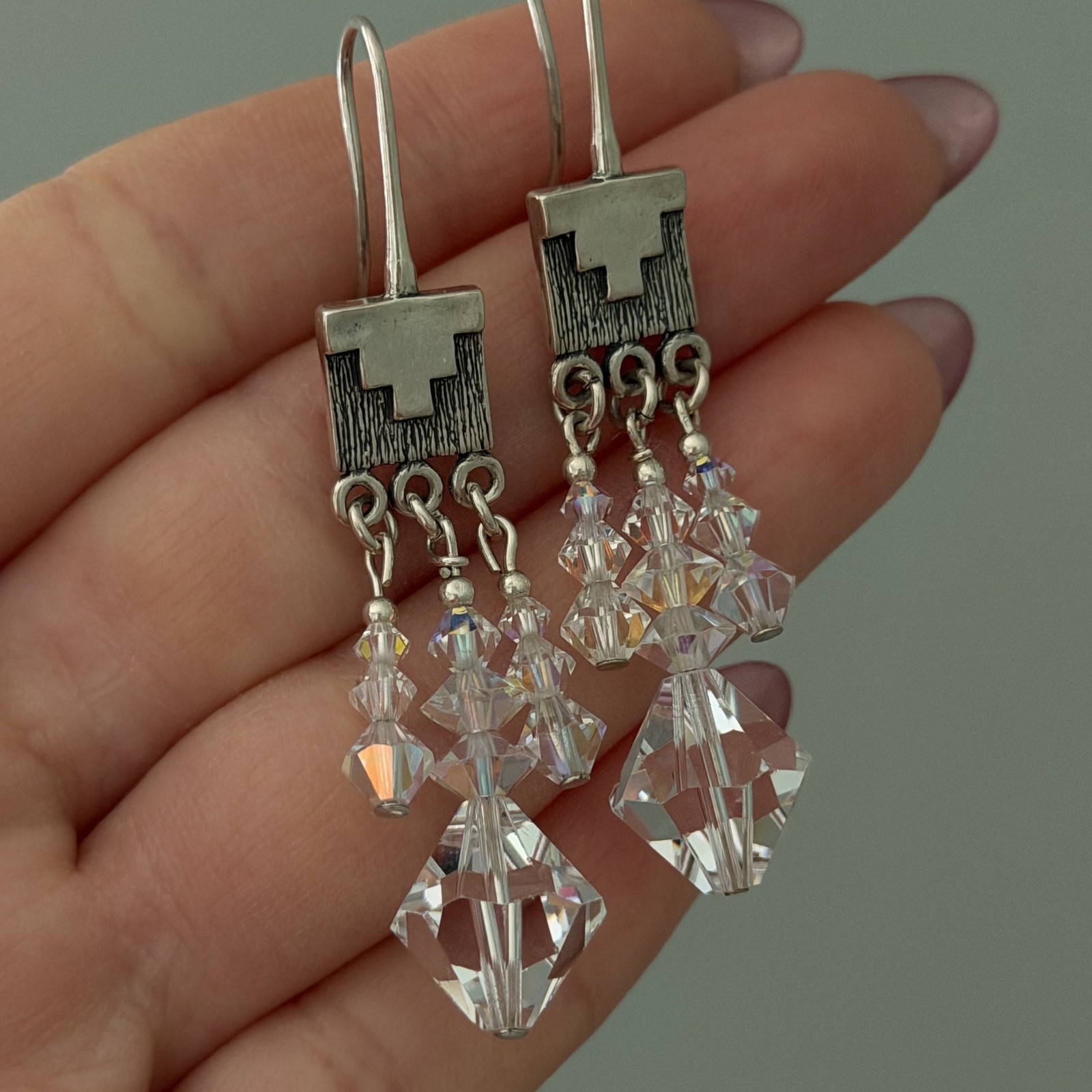 Vintage 925 Sterling Silver Clear AB Crystal Chandelier Dangle Earrings