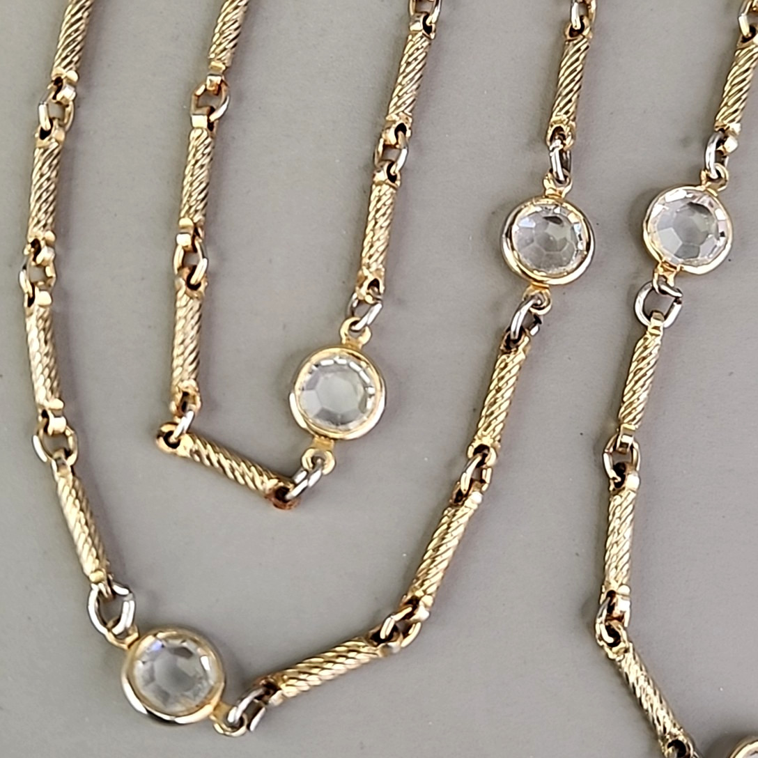 Vintage Open Bezel Necklace Clear Glass Bar Link Gold Tone Spiral 36″