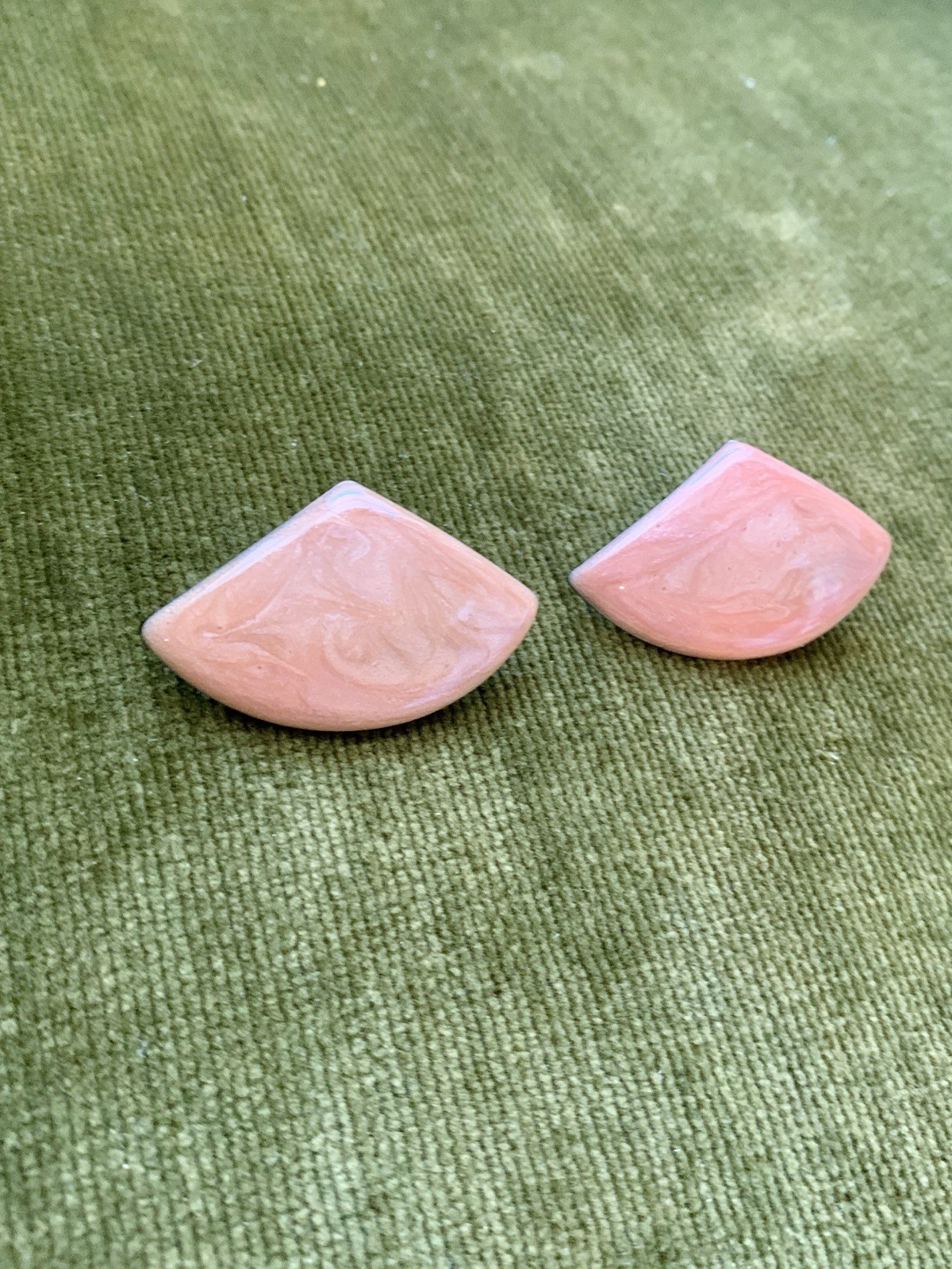 Vintage Peach Shimmer Geometric Enamel Statement Stud Earrings Gold Tone Metal