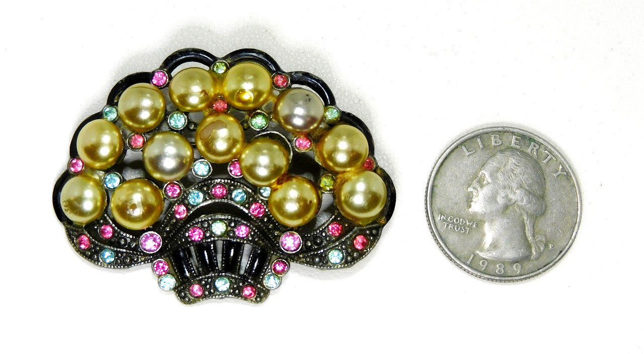 Vintage New England Glassworks Rhinestone Faux Pearl Flower Basket Brooch