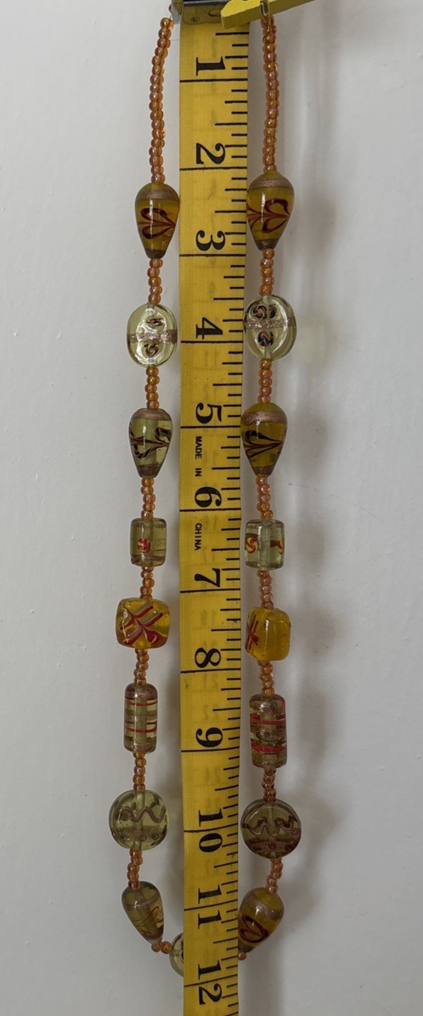 Vintage Hand Blown Glass Beaded Necklace 24”Iridescent Yellow Gold Black Red MCM
