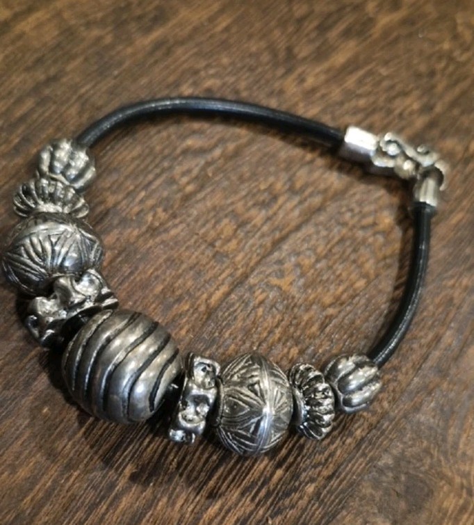 Vintage Silver Tone Beaded Black Leather Cord Bracelet, Magnetic Closure